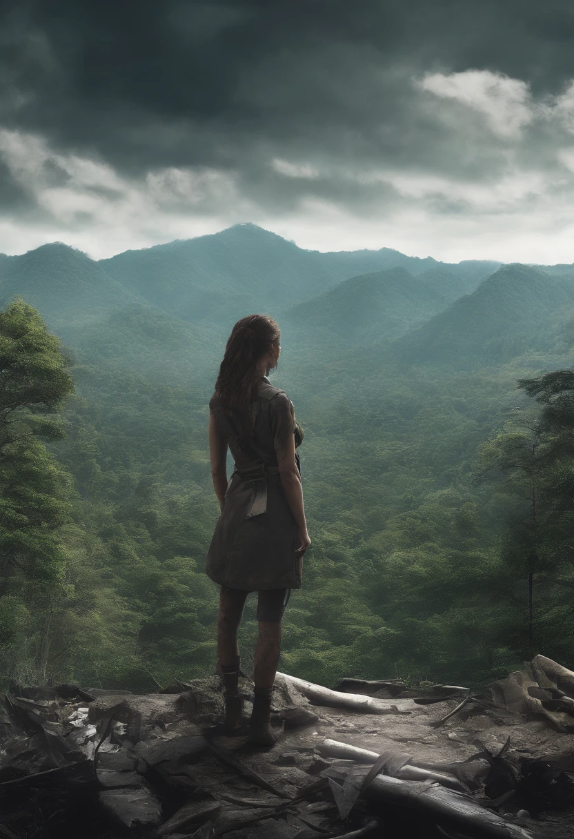 High resolution, Pieza maestra, Alta calidad, a high definition, Focus on a young woman's face, Figura humana, Overlooking the great forest from behind, Mountain landscape, selva tropical, naturaleza, Kali