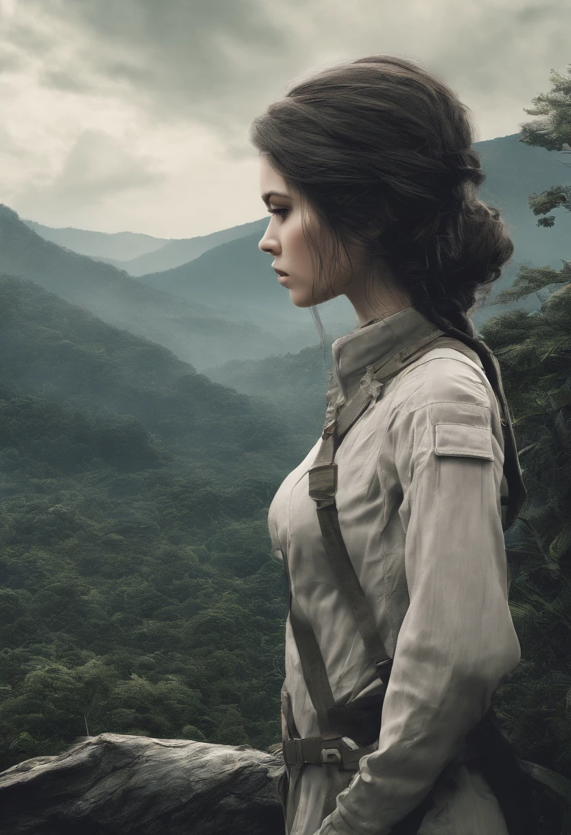 High resolution, Pieza maestra, Alta calidad, a high definition, Focus on a young woman's face, Figura humana, Overlooking the great forest from behind, Mountain landscape, selva tropical, naturaleza, Kali