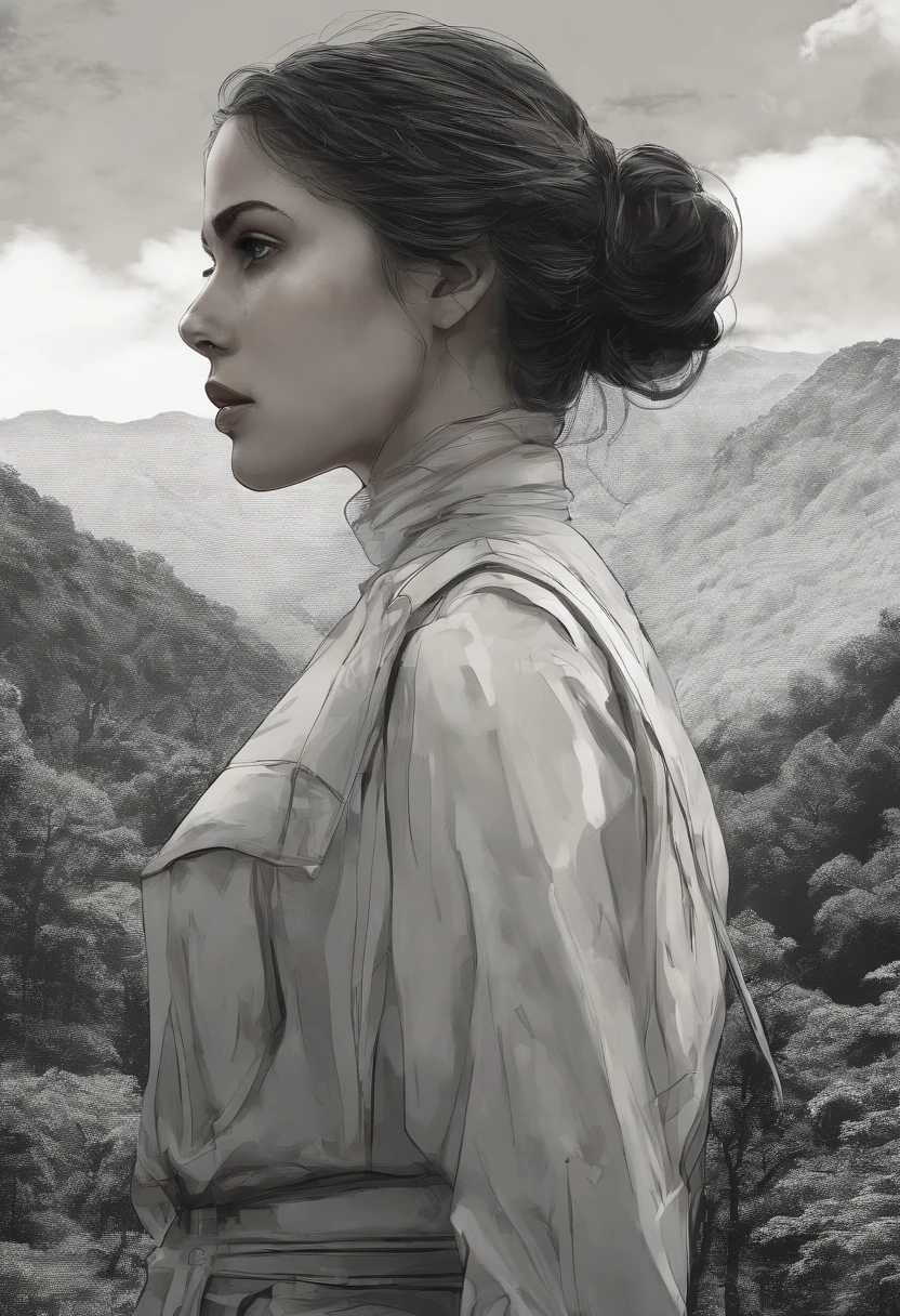 High resolution, Pieza maestra, Alta calidad, a high definition, Focus on a young woman's face, Figura humana, Overlooking the great forest from behind, Mountain landscape, selva tropical, naturaleza, Kali