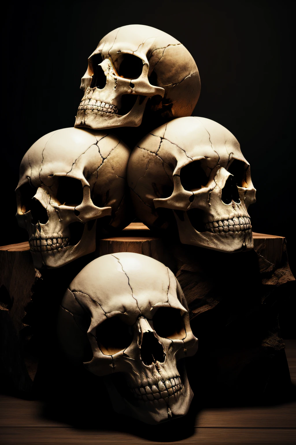 create hyper-realistic image of several skulls crammed on top of each other in a dark place