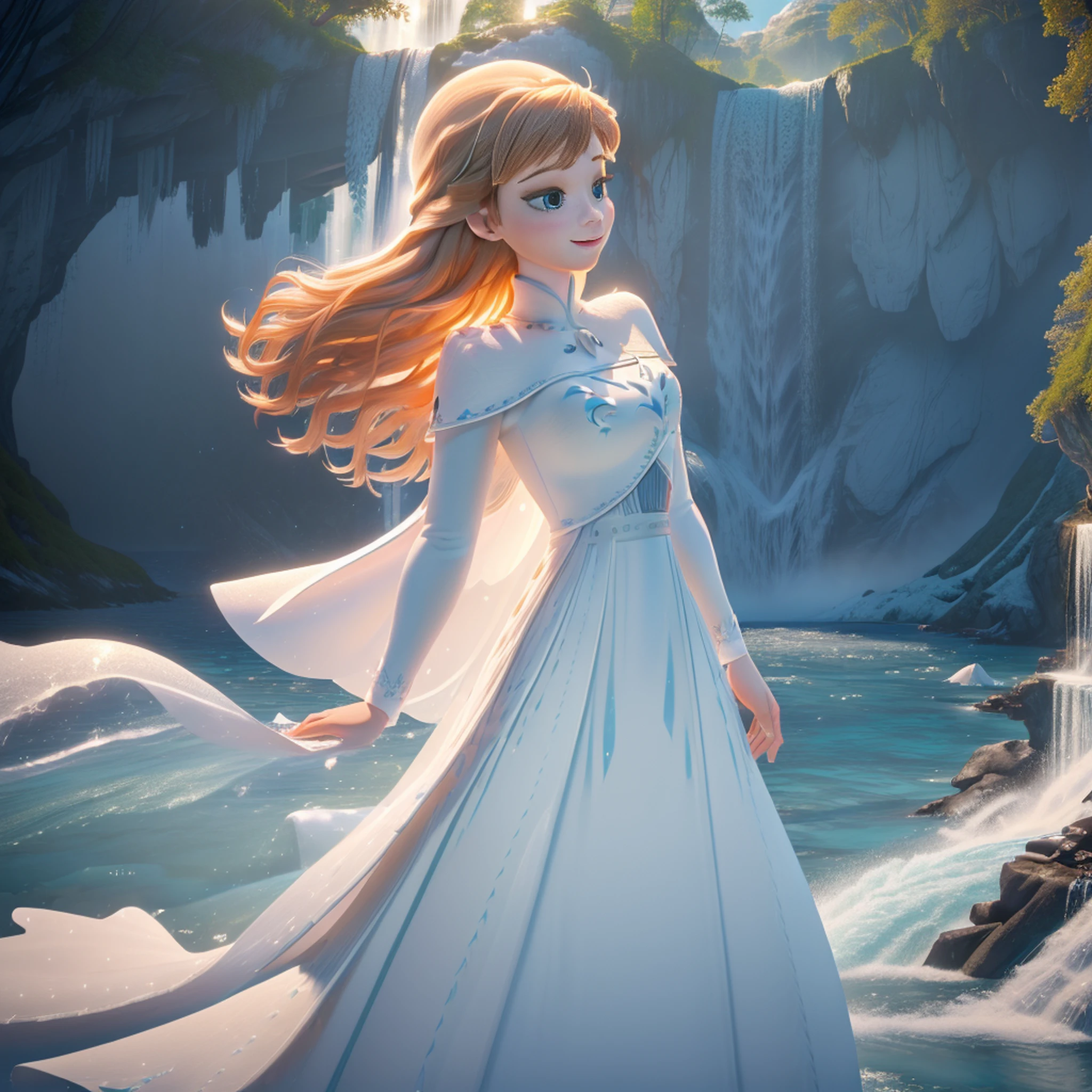 (masterpiece:1.4), (best qualit:1.4), (high resolution:1.4), elsa of arendelle, long hair, white cape, white dress, outdoors, (ocean, shore, waterfall, authumn:1.3), smile,