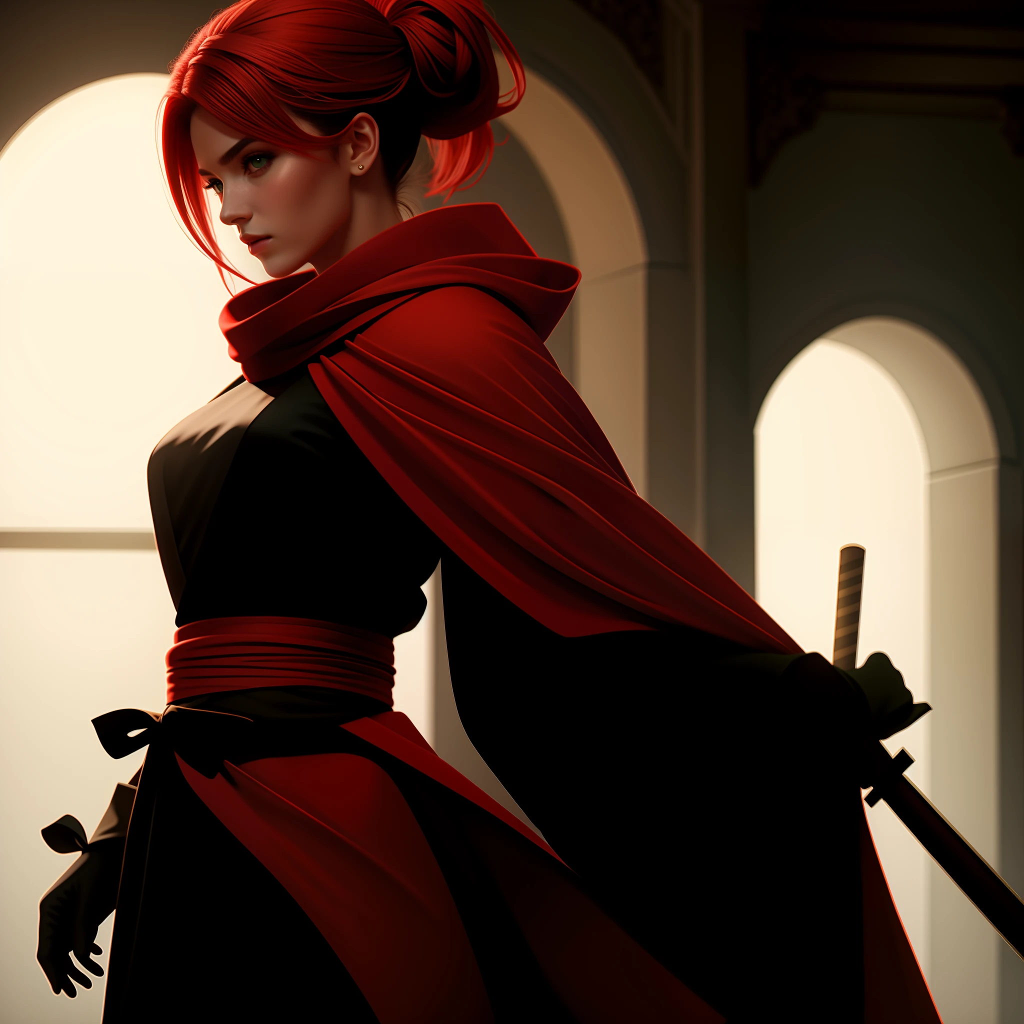 a female ninja holding a sword with both hands, em um dojo, very diabolical clothes, esquema de cores vermelho e verde, red hair, red scarf, perfect composition, bonito, detalhado, intrincado, Intricate octane render trend in Artstation, 8 k artistic photography, arte conceitual fotorrealista, soft natural volumetric cinematic perfect light, Chiaroscuro, Fotografia premiada, master part, oil on the canvas, Pedro Conti, Bruno Camara, Ana Mendes., Andre Castro (disambiguation, Gilberto Magno