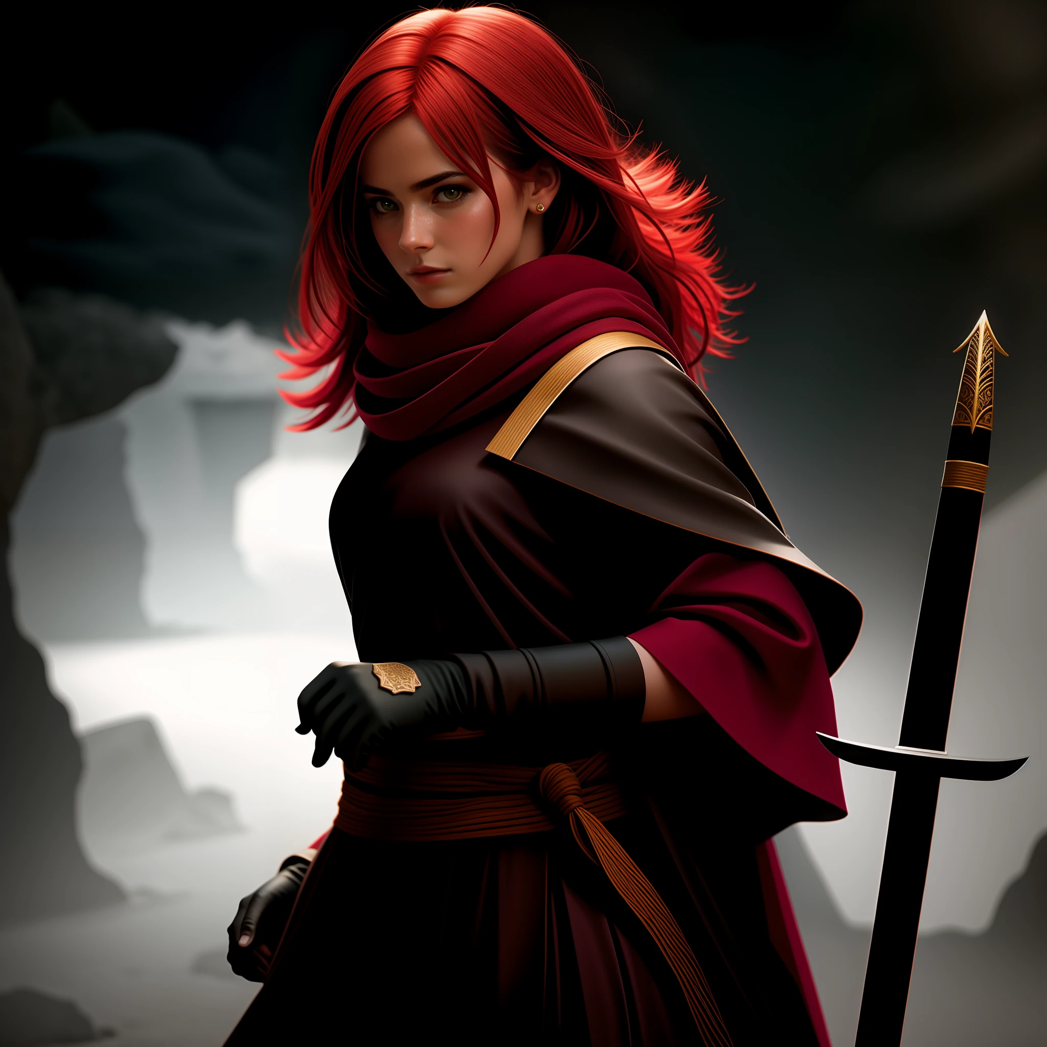 a female ninja holding a sword with both hands, em um dojo, very diabolical clothes, esquema de cores vermelho e verde, red hair, red scarf, perfect composition, bonito, detalhado, intrincado, Intricate octane render trend in Artstation, 8 k artistic photography, arte conceitual fotorrealista, soft natural volumetric cinematic perfect light, Chiaroscuro, Fotografia premiada, master part, oil on the canvas, Pedro Conti, Bruno Camara, Ana Mendes., Andre Castro (disambiguation, Gilberto Magno
