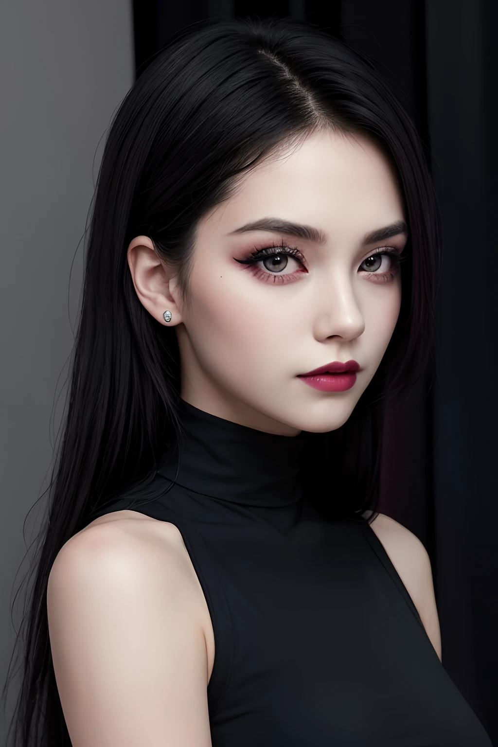 Picture of a goth girl. Fit face. 22 years old, Sharp chin, photography, raw photo, masterpiece, extremely detailed photo, DSLR, photorealistic 1.4, ultra hi res, best quality, pink lips, perfect makeup, full body picture, tall, toned, busty,