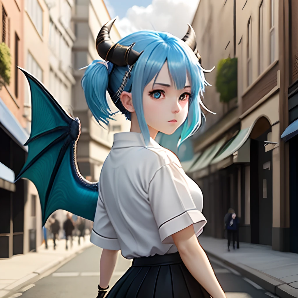 Anime girl with blue hair and horns on a street, 3D realistic anime, 2. 5 d cgi anime fantasy artwork, anime style 3d, anime style. 8k, 4k anime style, 3d style realistic anime, deviantart artstation cgscosiety, digital anime art, guweiz style art art, detailed digital anime art, white shirt, dragon wings