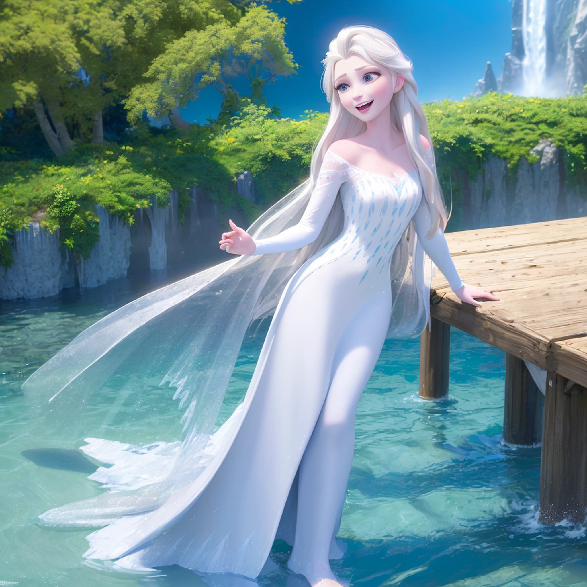 (masterpiece:1.4), (best qualit:1.4), (high resolution:1.4), elsa of arendelle, long hair, white cape, white dress, outdoors, (ocean, shore, waterfall, authumn:1.3), smile,