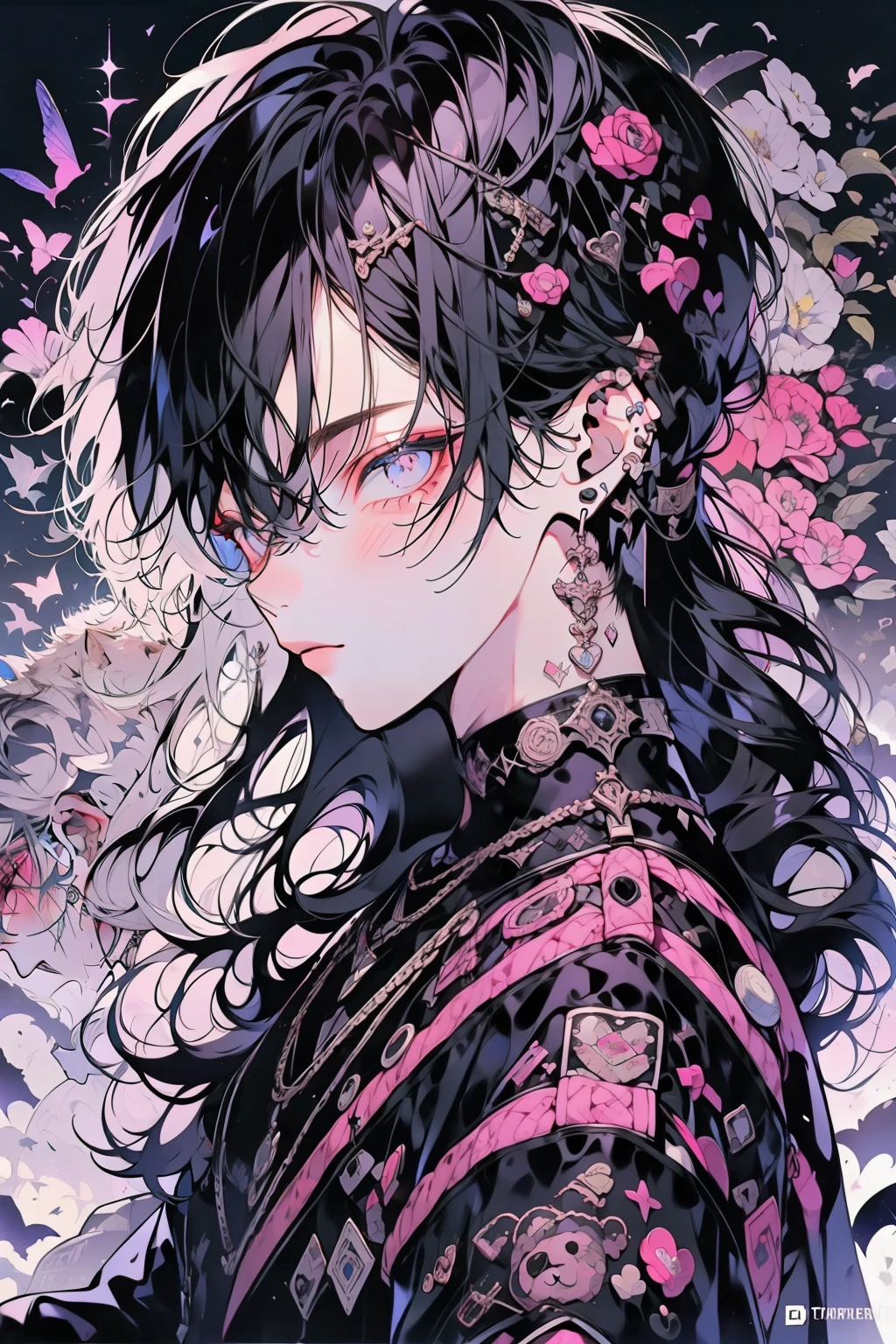 (black-haired,morado-eyed,sexy,royalty,bad boy,white skin,high quality,very detailed,detailed face),(portraits),vivid colors,moody lighting, ropa: Para la parte superior una camisetas 'de estilo 'bandeau'. Estos se combinan con pantalones ciclistas, tracksuit (es decir, muy anchos).