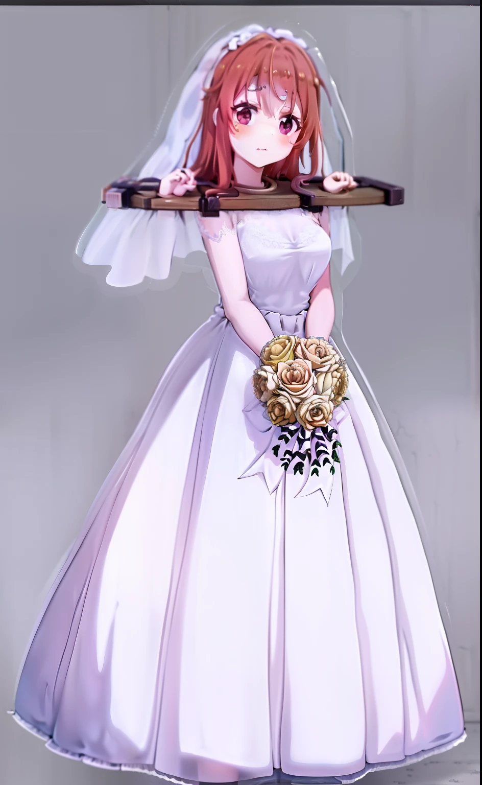 Beautiful bride,Guvitz,pillory，Head flail，Hand flail，Flail，(Bridal veil:1.5），（Clear short veil：1.5）,Blush，Head flower，headdress，，（Bandeau wedding dress：1.5），（Silk dress：1.2）,（Strapless wedding dress：1.5）,Plain white dress，