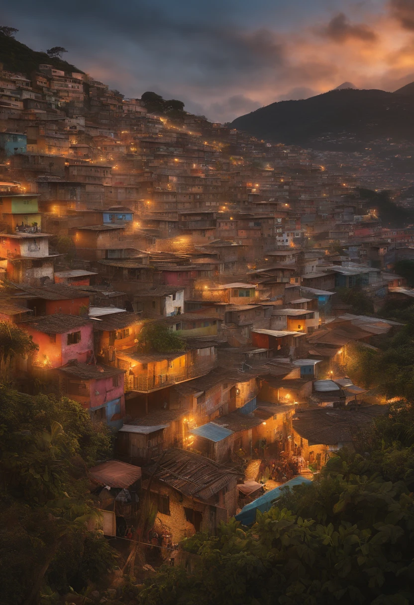 a detailed view of a favela, with vibrant colors and lively atmosphere, captured in stunning 8k resolution. The artwork showcases the unique textures and materials of the buildings, with intricate details on the walls and rooftops. The narrow streets are filled with life, as residents go about their daily activities. The sunlight casts beautiful shadows, adding depth and realism to the scene. Graffiti and murals adorn the walls, adding a touch of urban art. The overall composition is dynamic, highlighting the lively and bustling nature of the favela. The colors are rich and vibrant, capturing the essence of the vibrant community. With its ultra-detailed depiction and realistic lighting, this artwork truly brings the favela to life.