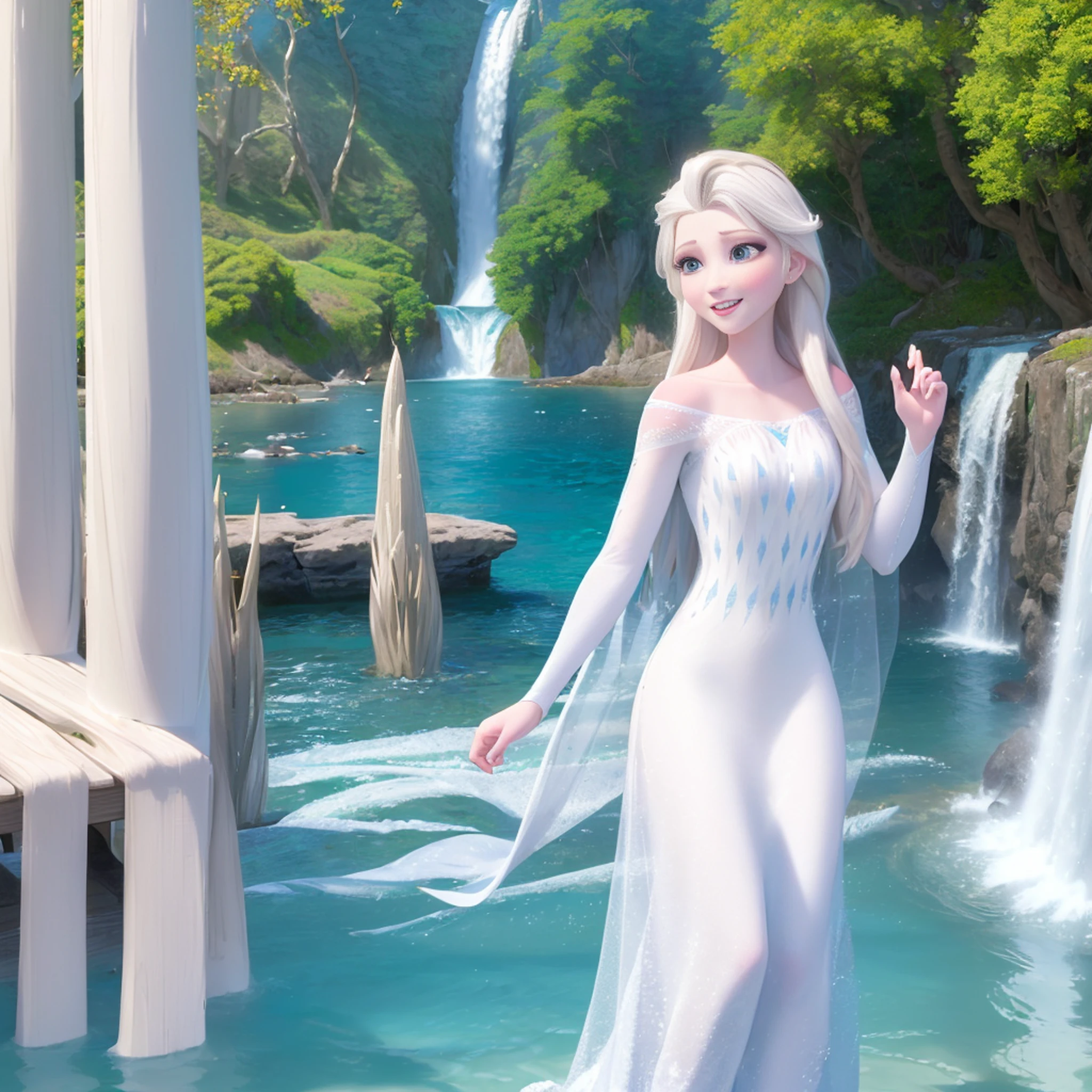 (masterpiece:1.4), (best qualit:1.4), (high resolution:1.4), elsa of arendelle, long hair, white cape, , outdoors, (ocean, shore, waterfall, authumn:1.3), smile, elsa from the movie frozen, the ice and snow queen, wearing cute pink cotton panties, pink panty, plain colored panties