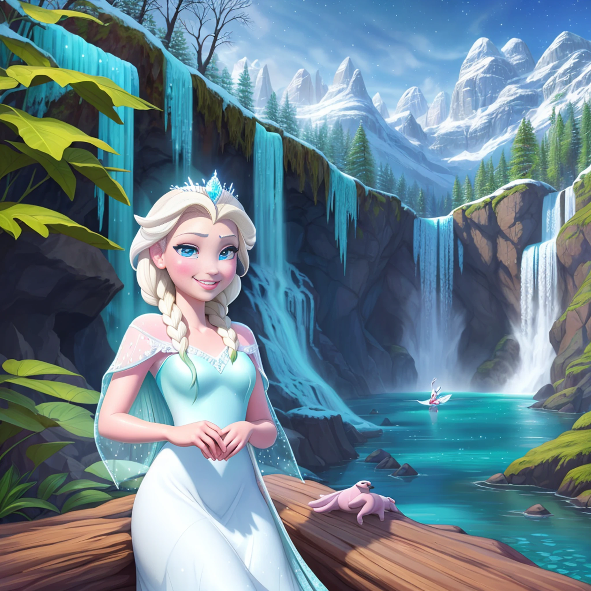 Araffe vestida de branco posando para uma foto em frente a uma cachoeira, Frozen II filme ainda, Elsa bonita, Elsa, Frozen II Klaus filme, Elsa Congelada, Elsa, Frozen, Retrato de Elsa de Arendelle, filme klaus congelado, Loira - Princesa Cabelos, animated film, Princesa 'Kida' Kidagakash, sorrindo como uma rainha de fadas
