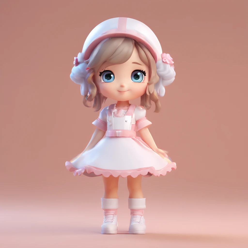 Super Cute Girl IP by Pop Mart, Bright eyes, Cherub,Little white dress, clay, modeled, blind box toy, Glossy and delicate,clean back ground, Good luster, 3D rendering of a,Best Quality、anime lover、Vigorous、Enchanted smile、