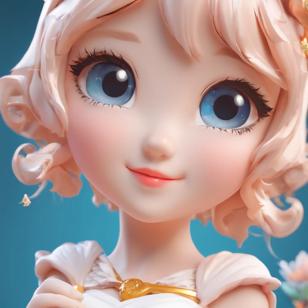 Super Cute Girl IP by Pop Mart, Bright eyes, Cherub,Little white dress, clay, modeled, blind box toy, Glossy and delicate,clean back ground, Good luster, 3D rendering of a,Best Quality、anime lover、Vigorous、Enchanted smile、