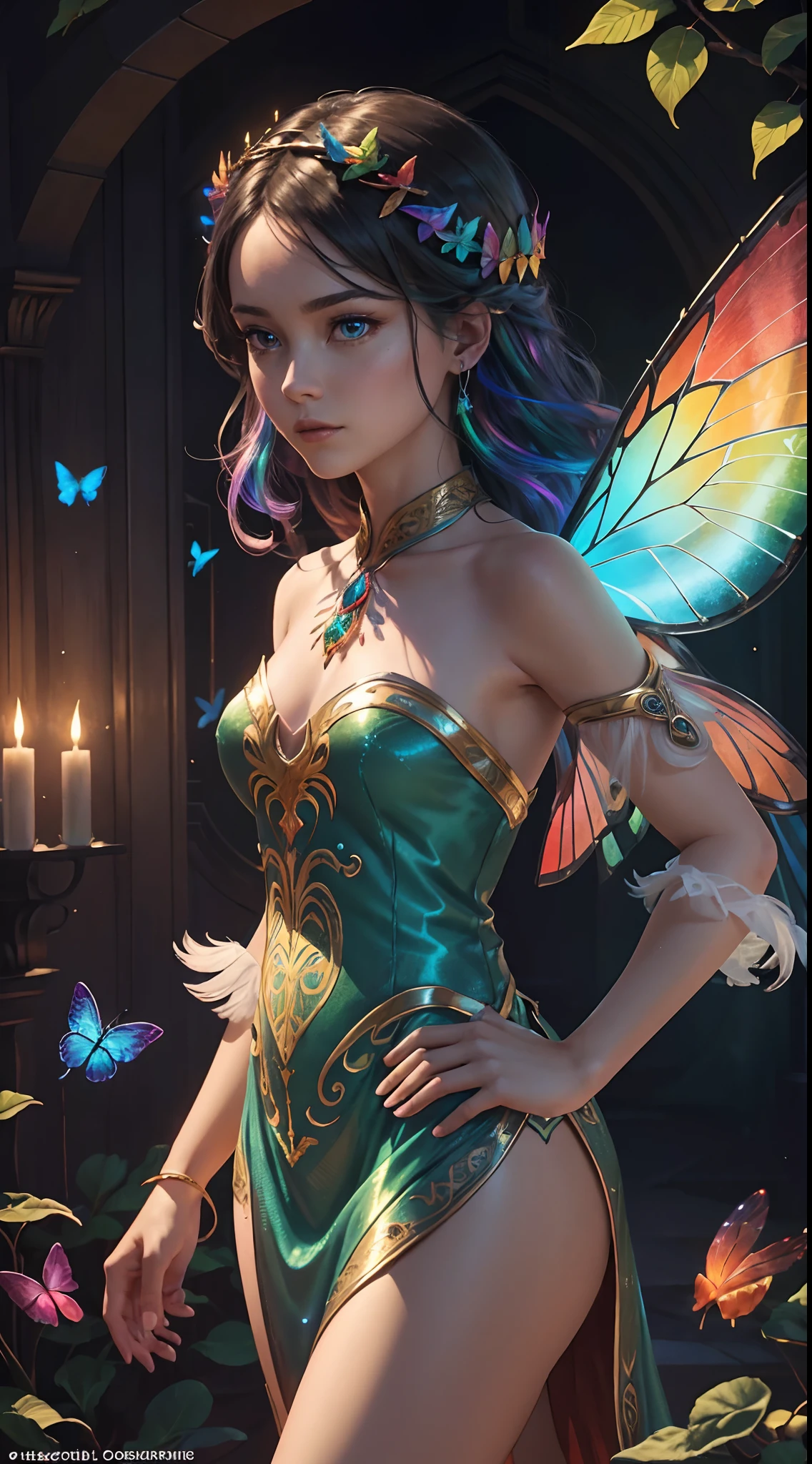 (((masterpiece))), (((ornate))), (((best quality))), ((ultra-detailed)), (highly detailed CG illustration), ((an extremely delicate and beautiful)), cinematic light. Create a stunning fantasy artwork that mimics the style of currently trending masters of the genre. The art piece should contain rich and ornate elements of both mythic fantasy and fairytale fantasy with colorful rainbow accents and dark jewel-toned hues. ((Utilize the rainbow as the main color scheme.)) The character in the artwork is a delicate but strong petite figure with an aura of mystery and magic. Pay close attention to intricate facial features, such as mesmerizing eyes with vibrant colors and bold shading. The character's clothing should be designed with gossamer feathers, silk, stunning embroidery, and subtle iridescent details. Incorporate (((translucent iridescent rainbows))), dreamy colors, dynamic lighting, and detailed background elements to create a sense of awe and immersion. ((Include colorful flying magical birds and jewel-toned rainbow butterflies radiating a magical aura.)) Consider the latest trends in fantasy art, such as incorporating unique lighting effects, exploring dynamic and compelling composition techniques, and experimenting with unique color palettes. Take inspiration from the top artists on ArtStation and Midjourney. Camera: Choose an angle that highlights the character's beauty and enhances the magical majesty of the artwork. Lighting: Utilize atmospheric lighting techniques to create depth and mood. Resolution: Aim for a high-resolution artwork to showcase intricate details and clarity. Art Inspirations: Seek inspiration from the trending artists on ArtStation, exploring different styles, genres, and themes. --auto