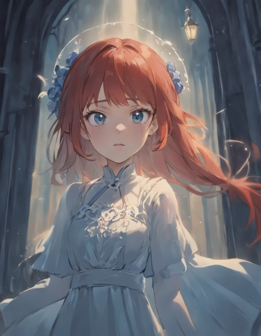 Cinematic footage from Mario Bava horror movie, full medium closeup, a gorgeous 18-year-old woman resembling Bella Thorne, long red hair, soft pale skin, cute and youthful face, well-defined eyebrows, light blue eyes, delicate nose, plump and round lips, walks in an Gothic cemetery at night wearing a white wedding dress, fog and rainy condition, ghostly atmosphere, 1600s, (high skin detail: 1.2), ultra-detailed, photo-realistic, depth of field, cinematic lighting, IMAX camera, HDR, DTM, Full HD, 8k