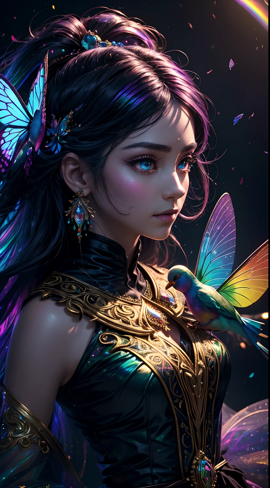 (((masterpiece))), (((ornate))), (((best quality))), ((ultra-detailed)), (highly detailed CG illustration), ((an extremely delicate and beautiful)), cinematic light. Create a stunning fantasy artwork that mimics the style of currently trending masters of the genre. The art piece should contain rich and ornate elements of both mythic fantasy and fairytale fantasy with colorful rainbow accents and dark jewel-toned hues. ((Utilize the rainbow as the main color scheme.)) The character in the artwork is a delicate but strong petite figure with an aura of mystery and magic. Pay close attention to intricate facial features, such as mesmerizing eyes with vibrant colors and bold shading. The character's clothing should be designed with gossamer feathers, silk, stunning embroidery, and subtle iridescent details. Incorporate (((translucent iridescent rainbows))), dreamy colors, dynamic lighting, and detailed background elements to create a sense of awe and immersion. ((Include colorful flying magical birds and jewel-toned rainbow butterflies radiating a magical aura.)) Consider the latest trends in fantasy art, such as incorporating unique lighting effects, exploring dynamic and compelling composition techniques, and experimenting with unique color palettes. Take inspiration from the top artists on ArtStation and Midjourney. Camera: Choose an angle that highlights the character's beauty and enhances the magical majesty of the artwork. Lighting: Utilize atmospheric lighting techniques to create depth and mood. Resolution: Aim for a high-resolution artwork to showcase intricate details and clarity. Art Inspirations: Seek inspiration from the trending artists on ArtStation, exploring different styles, genres, and themes.