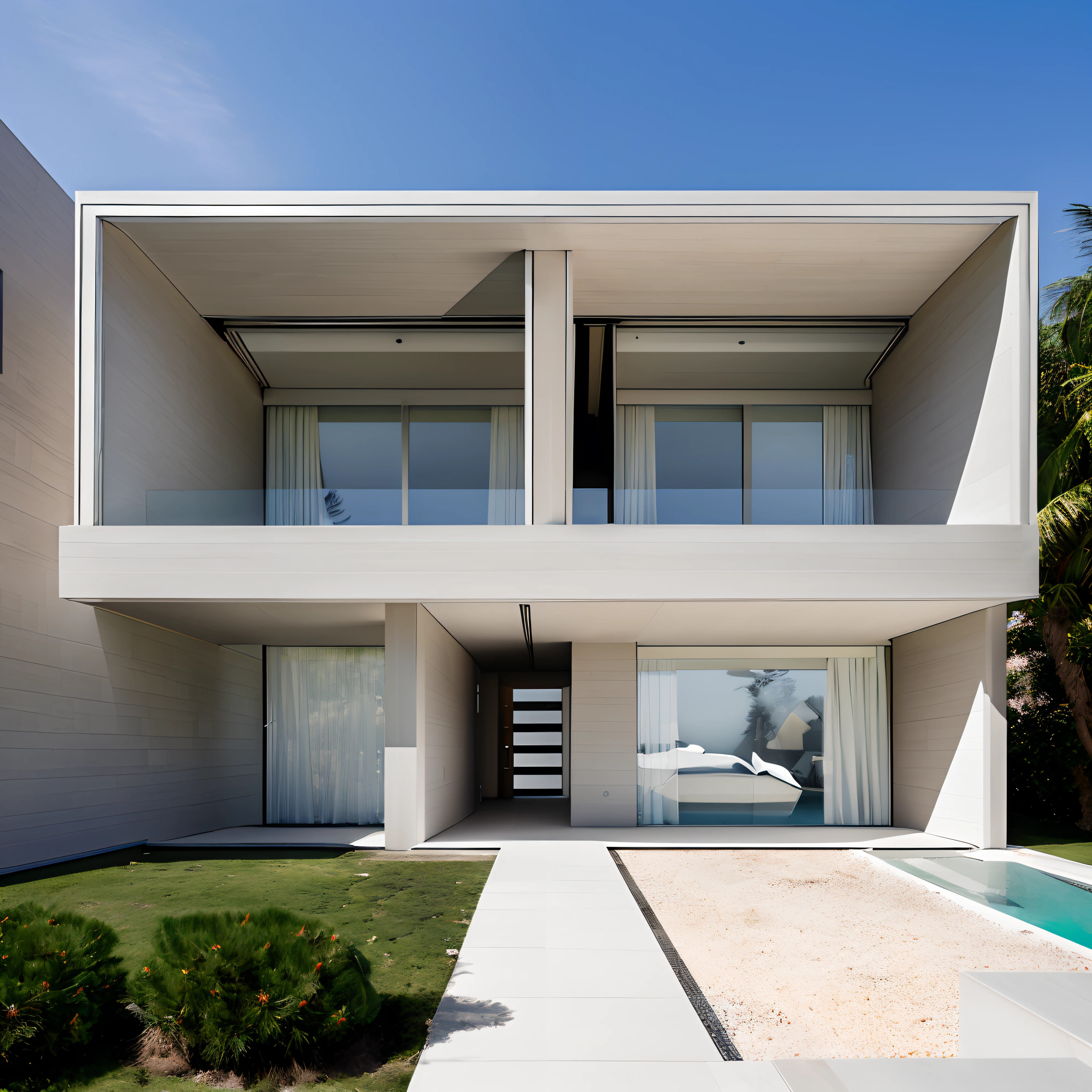((obra-prima, melhor qualidade)), 8k, estilo de arquitetura moderna, Foto realista, David Chipperfield, Fotografia Hiperdetalhada, single box, 3D digital rendering of a building, Descreva meticulosamente uma casa moderna de arquitetura minimalista, characterized by the presence of few strategically placed windows. Localizada em uma rua cercada por imponentes muros altos, The house is an example of architectural realism, with every detail – from the textures of building materials to the reflections of passing cars – being minutely represented