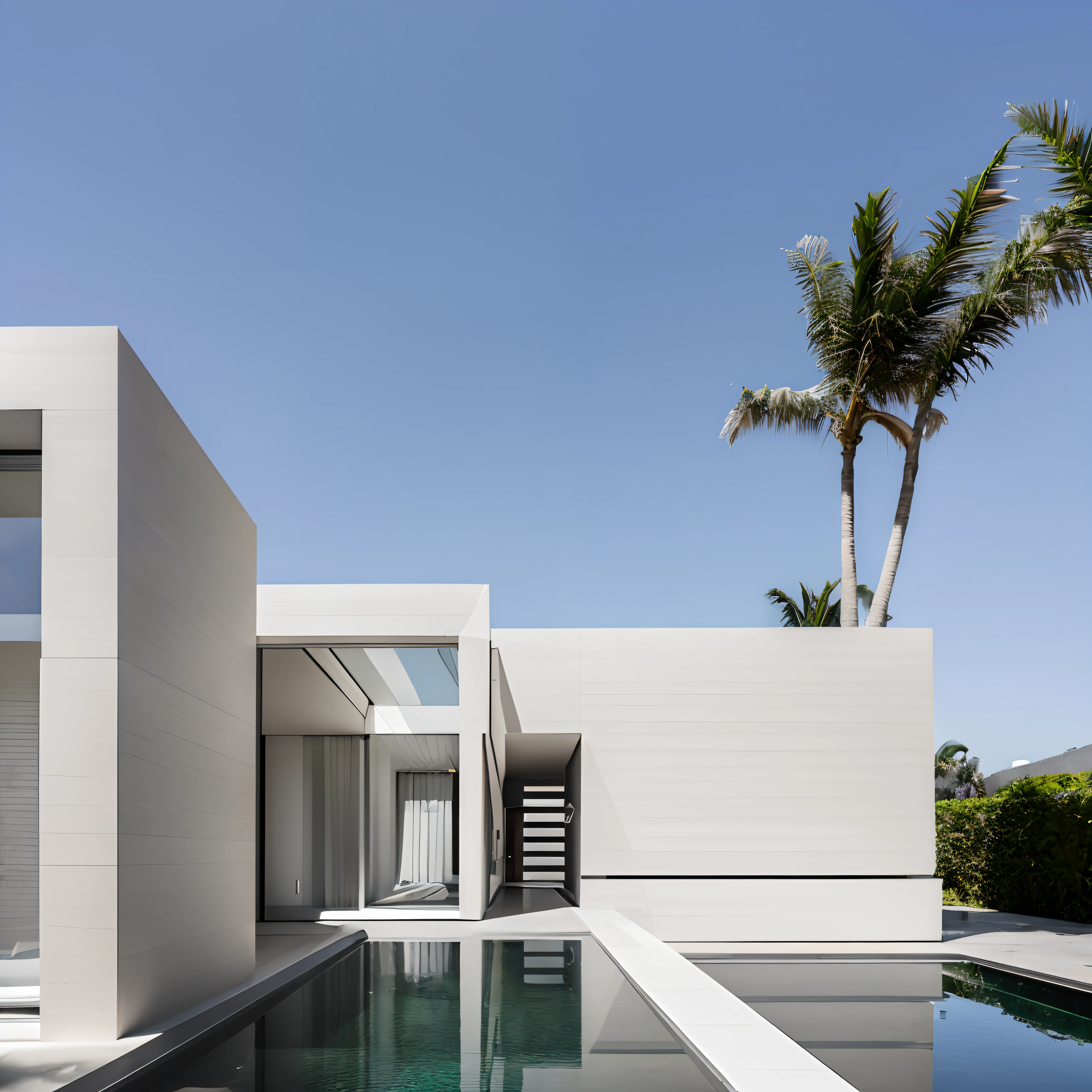 ((obra-prima, melhor qualidade)), 8k, estilo de arquitetura moderna, Foto realista, David Chipperfield, Fotografia Hiperdetalhada, single box, 3D digital rendering of a building, Descreva meticulosamente uma casa moderna de arquitetura minimalista, characterized by the presence of few strategically placed windows. Localizada em uma rua cercada por imponentes muros altos, The house is an example of architectural realism, with every detail – from the textures of building materials to the reflections of passing cars – being minutely represented