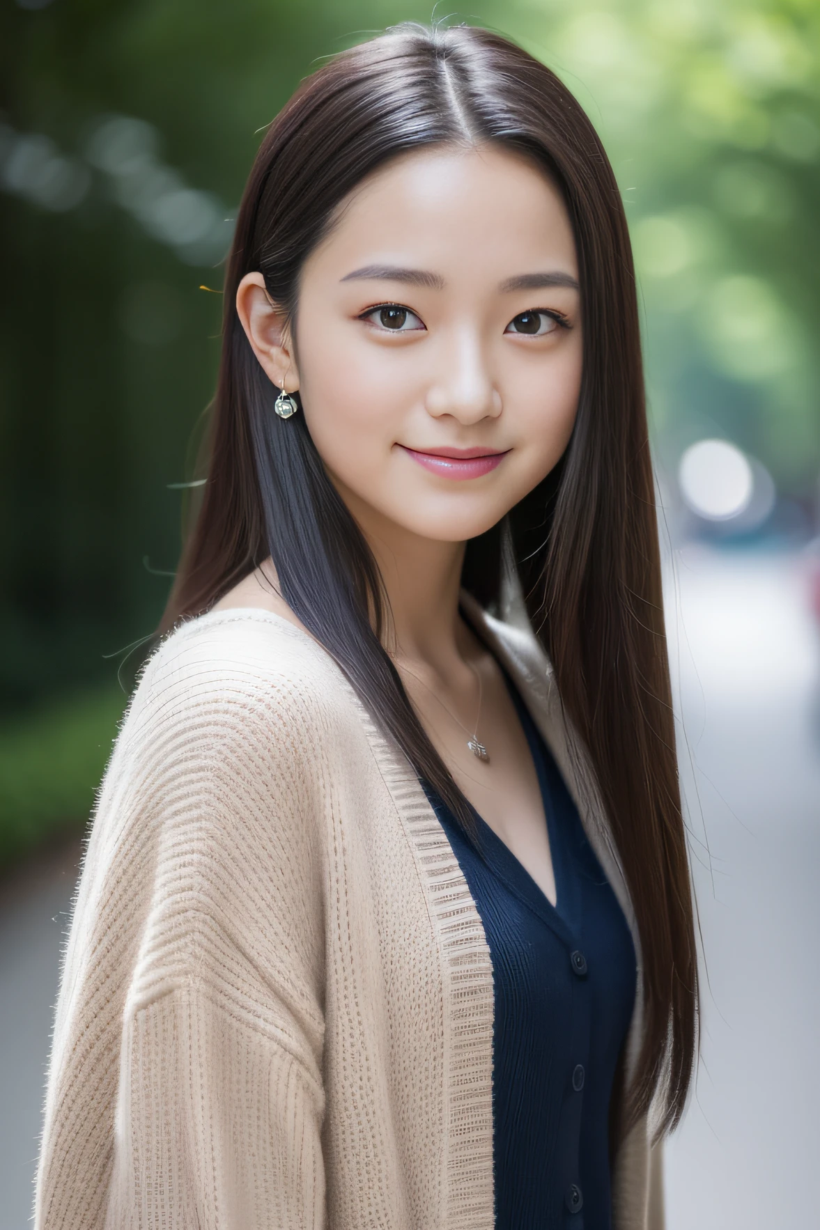 20 years girl、forehead、hair accessory、A dark-haired、cardigan、A slight smil、Beautuful Women、((top-quality、8K、masterpiece:1.3))、foco nítido:1.2、An ultra-high picture quality、top-quality、masterpiece、natural soft light、The upper part of the body、School route