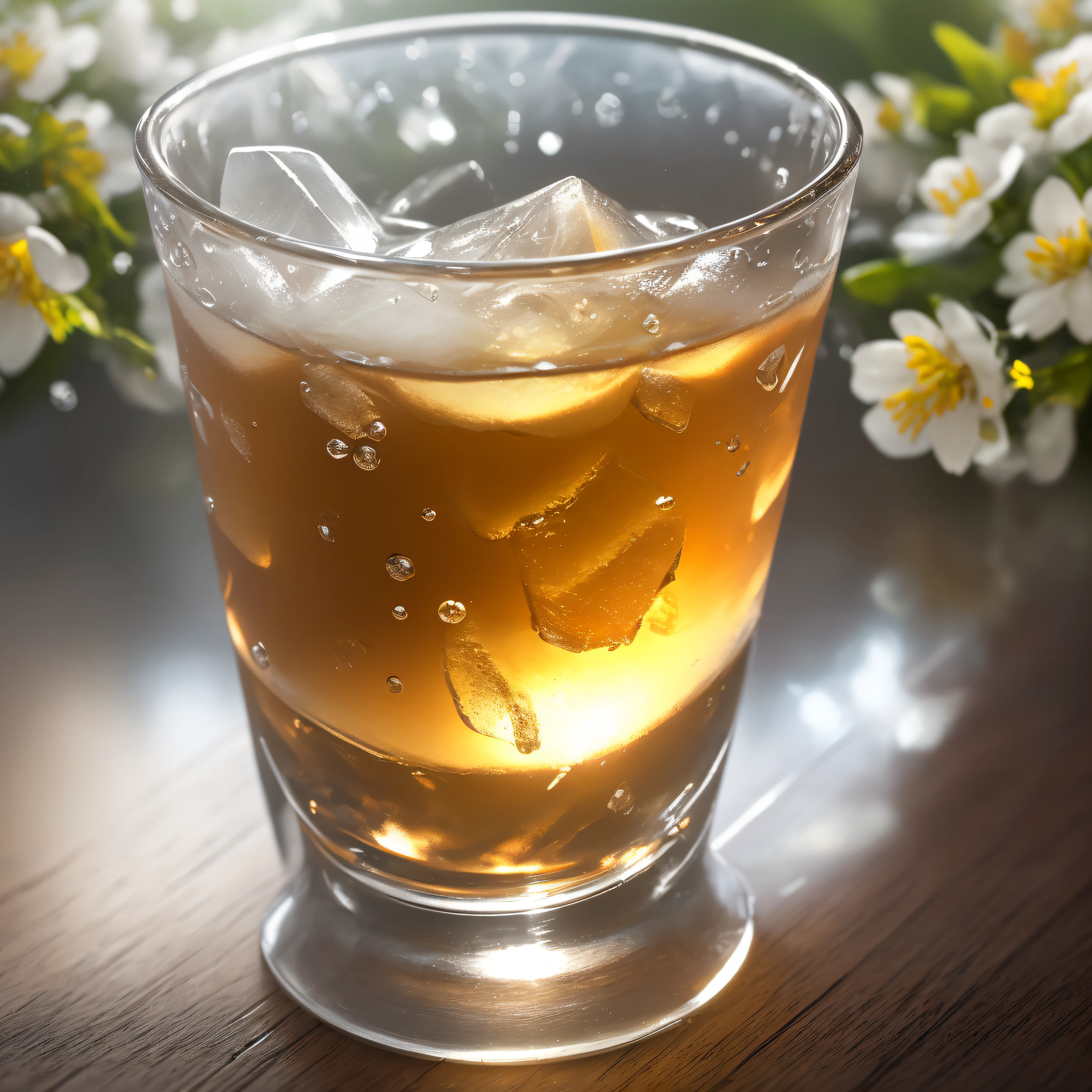 glass of kvass with ice, dripping water drops on glass, translucent liquid, ice cubes, wreath of wild flowers on picnic tablecloths, bright sun, midday outdoor lighting, open air, natural background, summer day, hot weather, high detail, very humid humidity, high brightness, wet watermarks, overdetail, super detail superdetailing, surrealism, soft light, studio lighting, diffuse soft light, shallow depth of field, sharp focus, bokeh effect, highly detailed glass reflection, ultra-thin (superfine, ultra-thin) (thin, fine, ultra-detailed), cinematic, surrealism, armature, best quality, ultra-high resolution (photorealistic: 1.4), high resolution, detail, raw photography, clear reproduction, stock camera, realistic texture, dramatic lighting, unreal engine, popular on artstation, macro