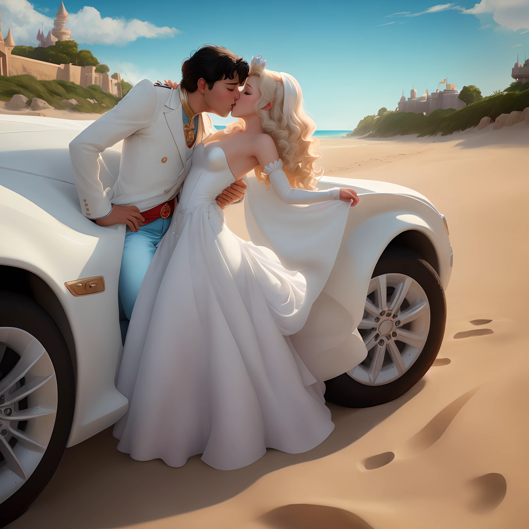 a prince and princess kissing in a white car parked on the sand in disney cartoon style