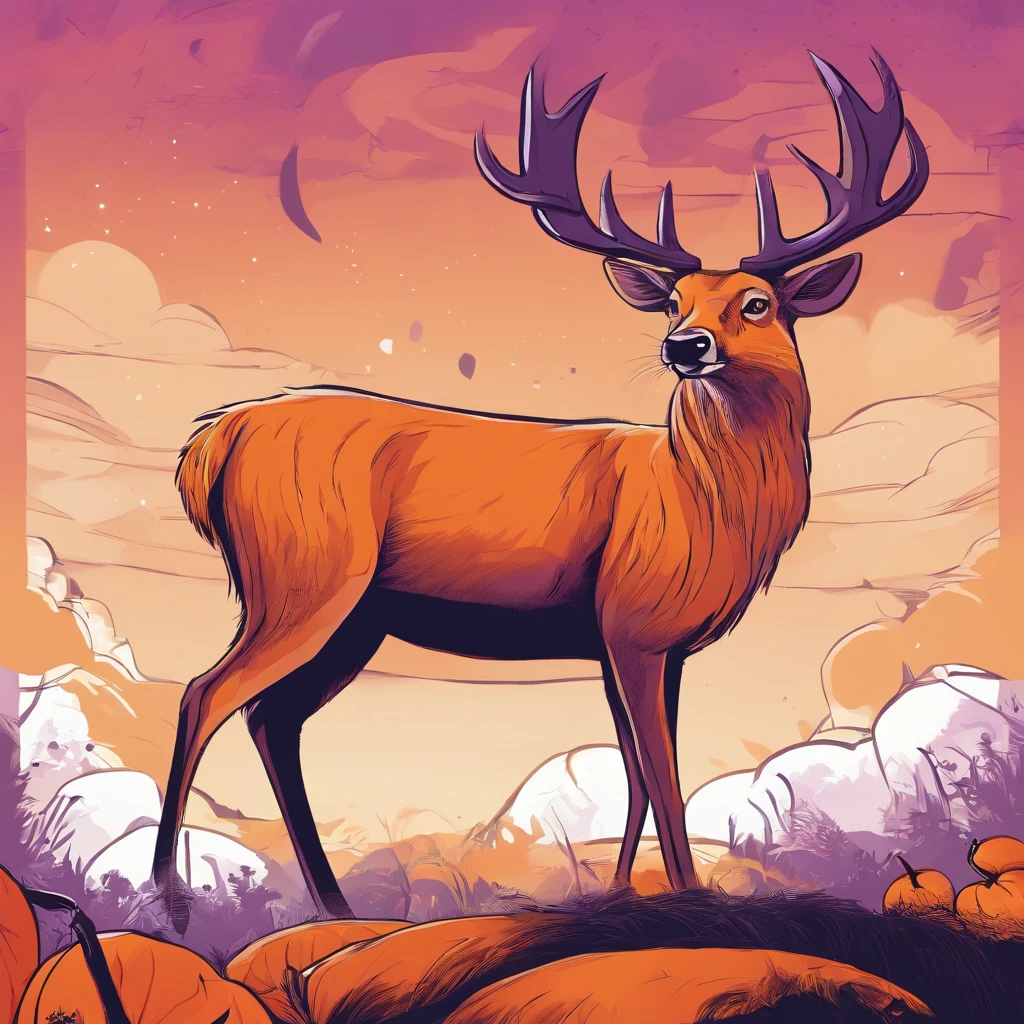 deer that is pumpkin orange with white black and red face makeup, brown fur tuff, a purple staff, best quality, masterpiece