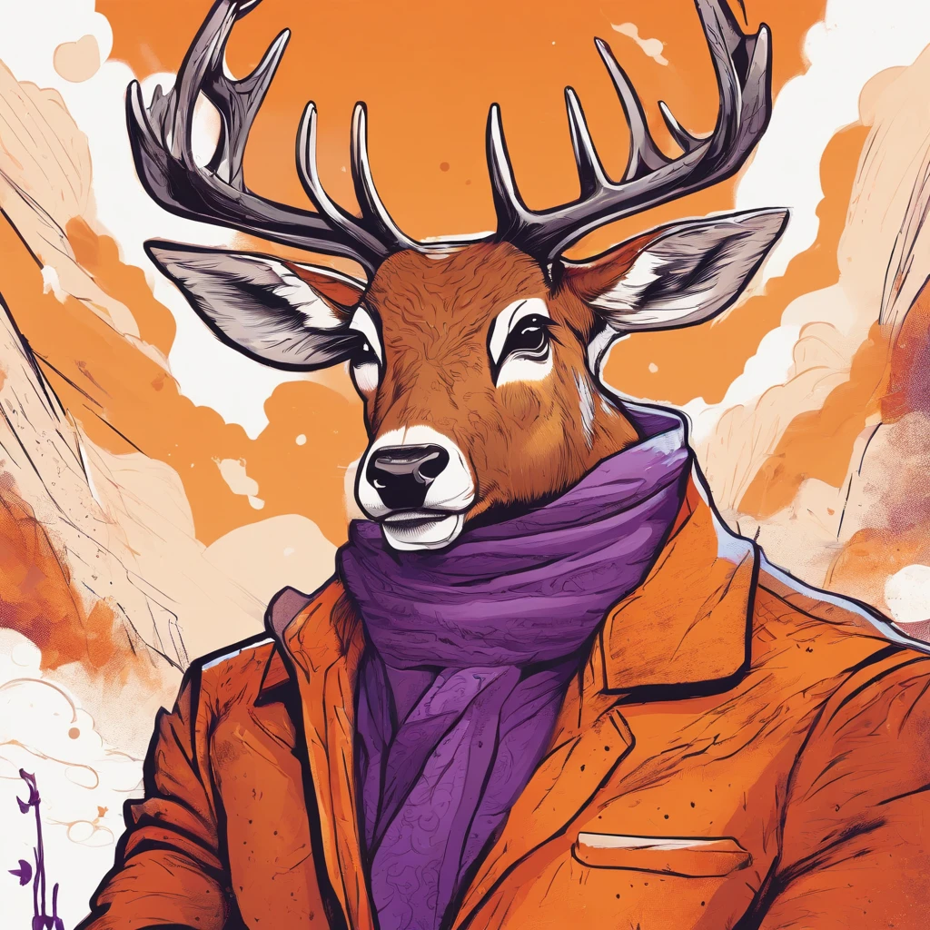deer that is pumpkin orange with white black and red face makeup, brown fur tuff, a purple staff, best quality, masterpiece