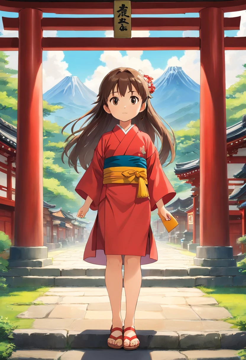 7  Japanese girl, Long hair, Front view, full bodyesbian, Set against a Japanese temple, com arvores, rios, A very beautiful sunny day. The little gil be wearing a red kimono, shot from a far distance，full bodyesbian