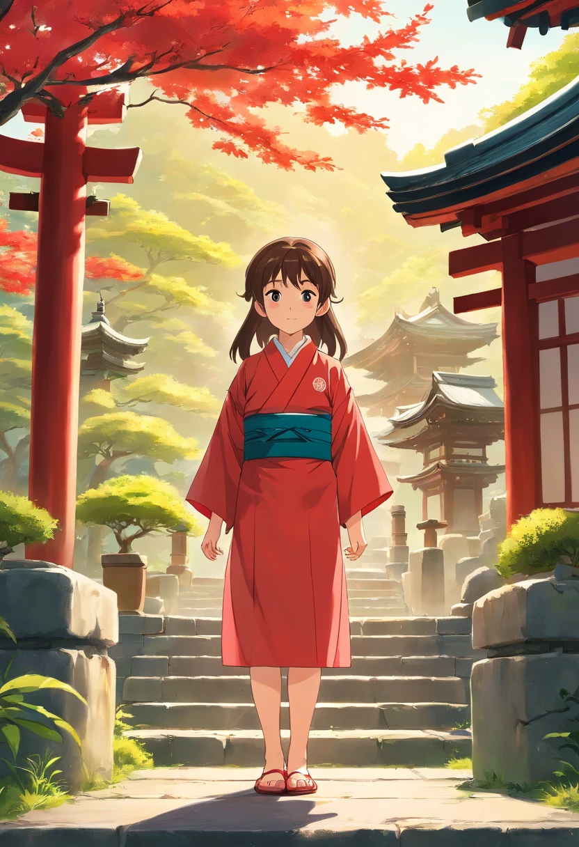7 years old Japanese girl, Long hair, Front view, full bodyesbian, Set against a Japanese temple, com arvores, rios, A very beautiful sunny day. The little girl will be wearing a red kimono, shot from a far distance,full bodyesbian