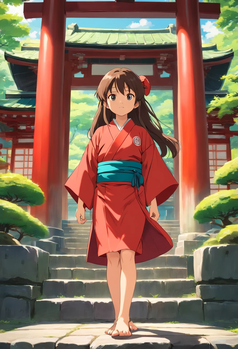 7 years old Japanese girl, Long hair, Front view, full bodyesbian, Set against a Japanese temple, com arvores, rios, A very beautiful sunny day. The little girl will be wearing a red kimono, shot from a far distance，full bodyesbian