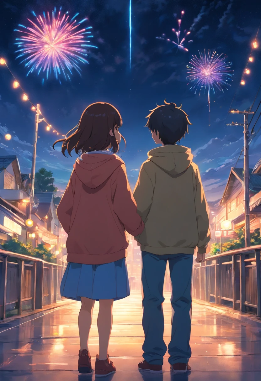 do gato e meninoelho sentado em uma colina, looking at the night sky, usando quimonos, fireworks in the sky