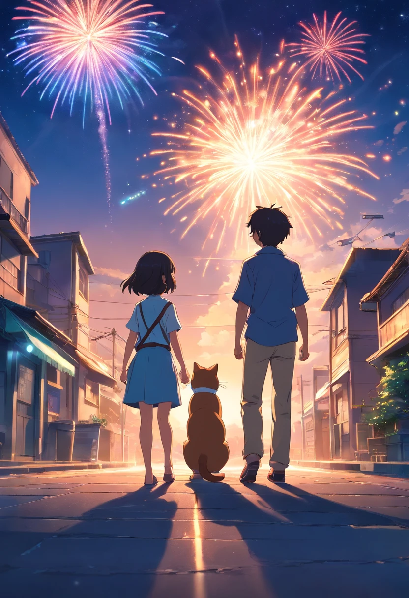 do gato e meninoelho sentado em uma colina, looking at the night sky, usando quimonos, fireworks in the sky