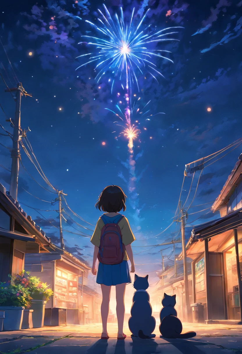 Menina do gato e menino do coelho sentado em uma colina, looking at the night sky, usando quimonos, fireworks in the sky