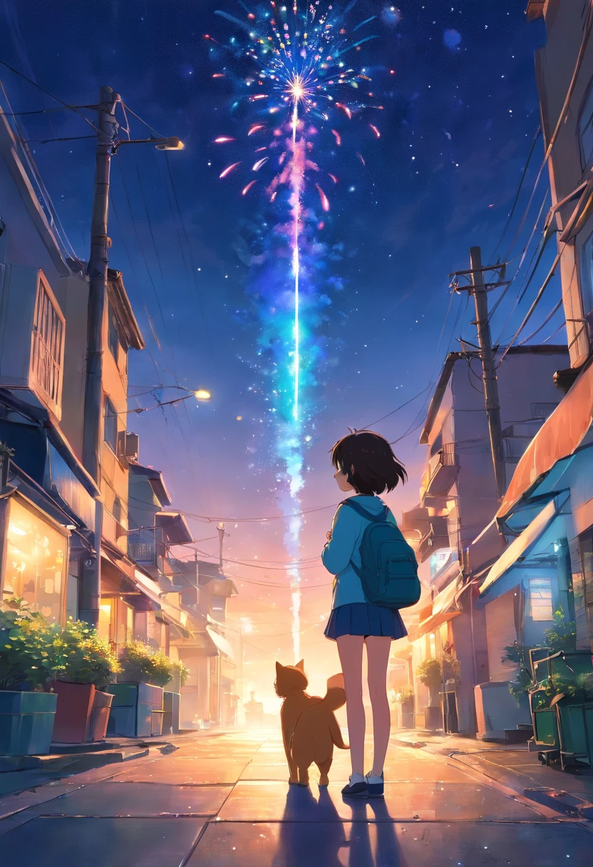 Menina do gato e menino do coelho sentado em uma colina, looking at the night sky, usando quimonos, fireworks in the sky