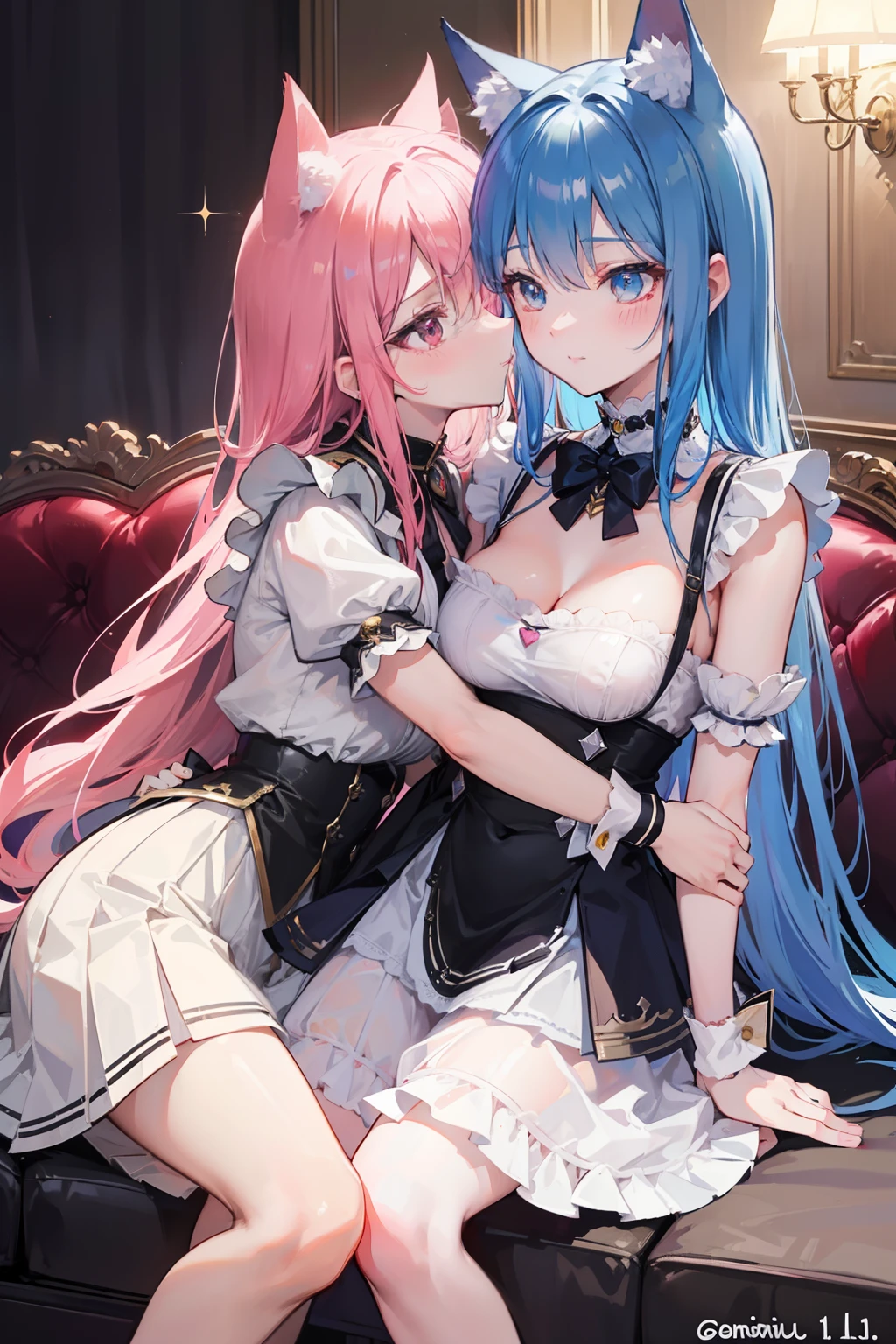 (best quality,ultra-detailed),(anime:1.1,lesbian:1.2),catgirl,bringing cat ears to real life,girl with cat features,kissing,maid,romantic embrace,maiden cafe,atmospheric lighting,personalized uniforms,flirtatious expressions,playful poses,sweet and tender,delicate and soft details,alluring glances,innocent affection,gentle caress,subtle blush,sensuous atmosphere,candlelit ambiance,rainbow-colored hair,maid costume,mini skirts,striking colors,elaborate accessories,cute and vibrant,pleated skirts,touch of sensuality,subtle eroticism,teasing gesture,radiant smiles,breathtaking charm,mesmerizing eyes,blushing cheeks,sparkling highlights,delicate shading,vivid colors,mysterious aura,lively background,enticing setting,pleasure and excitement,whispered promises,unspoken desires,enigmatic connection.