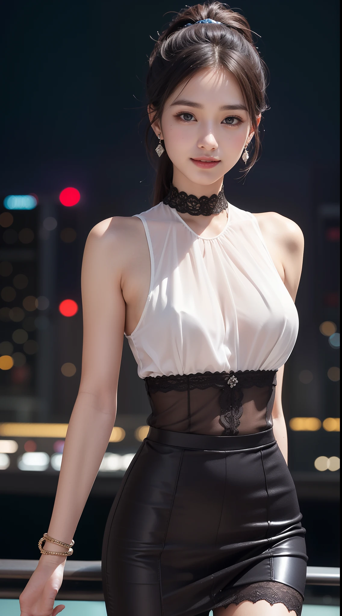 8k, masterpiece, RAW photo, best quality, photorealistic, extremely detailed CG unity 8k wallpaper, Depth of field, Cinematic Light, Lens Flare, Ray tracing, (extremely beautiful face, beautiful lips, beautiful eyes), intricate detail face, ((ultra detailed skin)) 1girl, in the dark, deep shadow, pretty korean girl, kpop idol,(very slim slender fit-muscled body), ((looking at viewer)),(big smile), city night, (neon sign), (blurry background), midnight, (vacant city), (without people in the background), pretty asian girl, earrings, bracelets, necklace, clear eyes, shot, (pale skin), face forward, (big eyes), ((close up shot)), (ponytail) (looking at viewer), medium breasts,((smile)), (see through), ((laced top)), ( very slim), (silk shirts), (silk skirt)