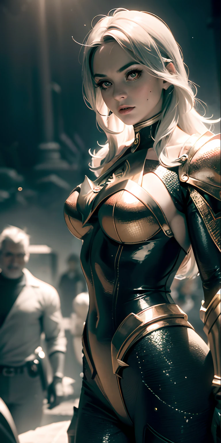 A cinematic scene, close-up shot of Woman dressed as Aquaman from DC, Distorted space, distorted undead in the background, lens flare glow, light shafts, Intricate details, Highly detailed, voluminetric lighting, 4K rendering, stockphoto, Hyper-realistic, Realistic textures, Dramatic lighting, illusory engine