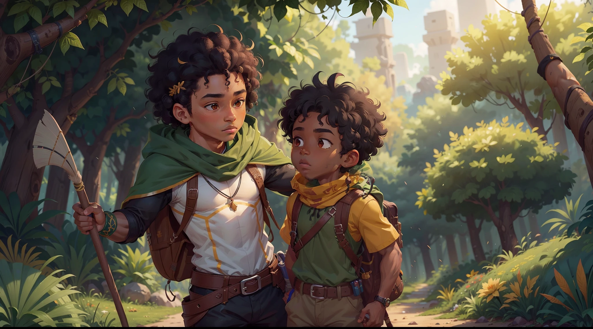 Malik Silva is a black  with curly hair encounters a Muscle black bald man the Orisha of the hunt, with majestic Hunter armor, wearing a green cloak, and carrying a bow, jungle scene, Malik have a backpack and yellow kid clothes