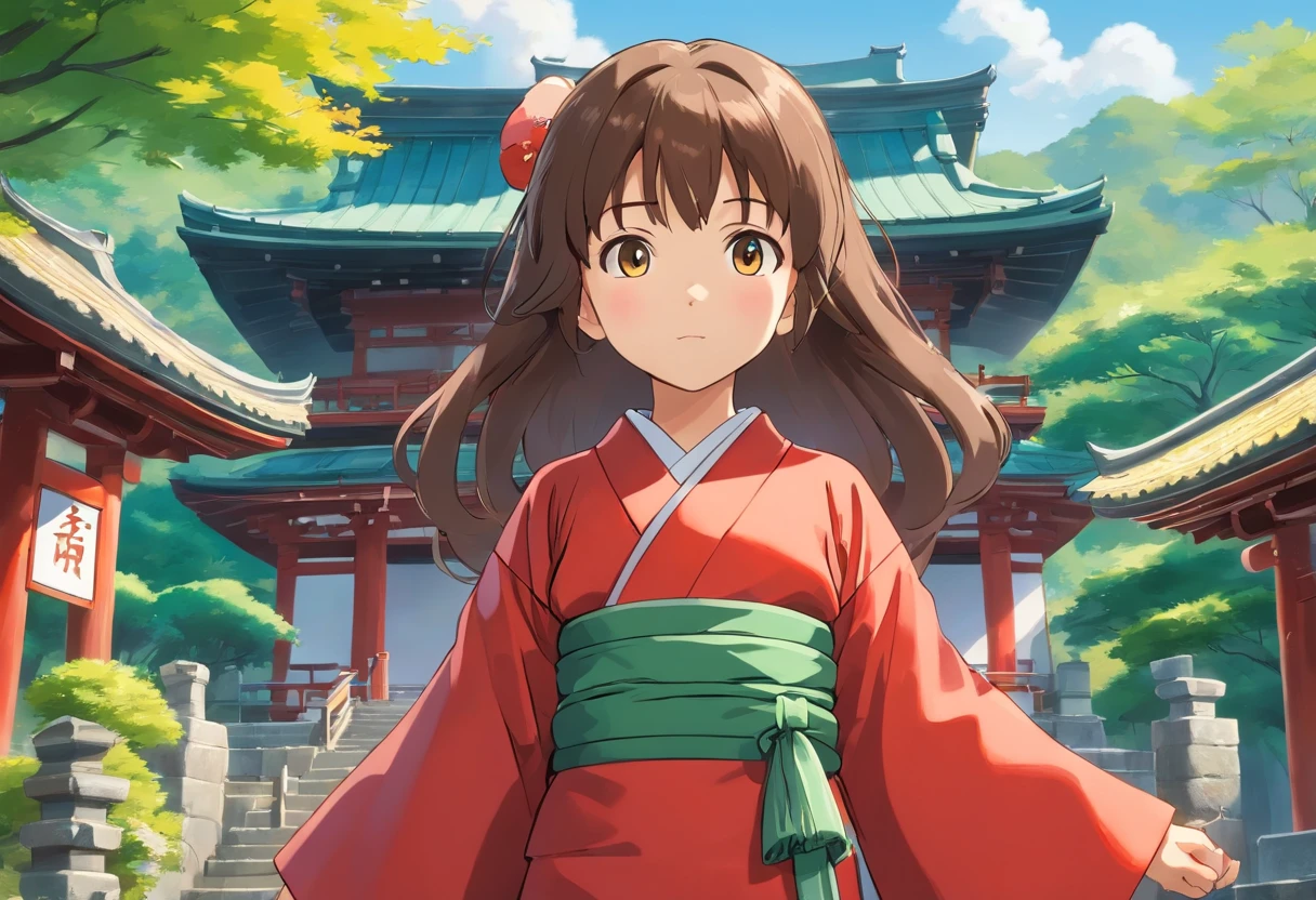 7  Japanese girl, Long hair, Front view, full bodyesbian, Set against a Japanese temple, com arvores, rios, A very beautiful sunny day. The little gil be wearing a red kimono, shot from a far distance，full bodyesbian