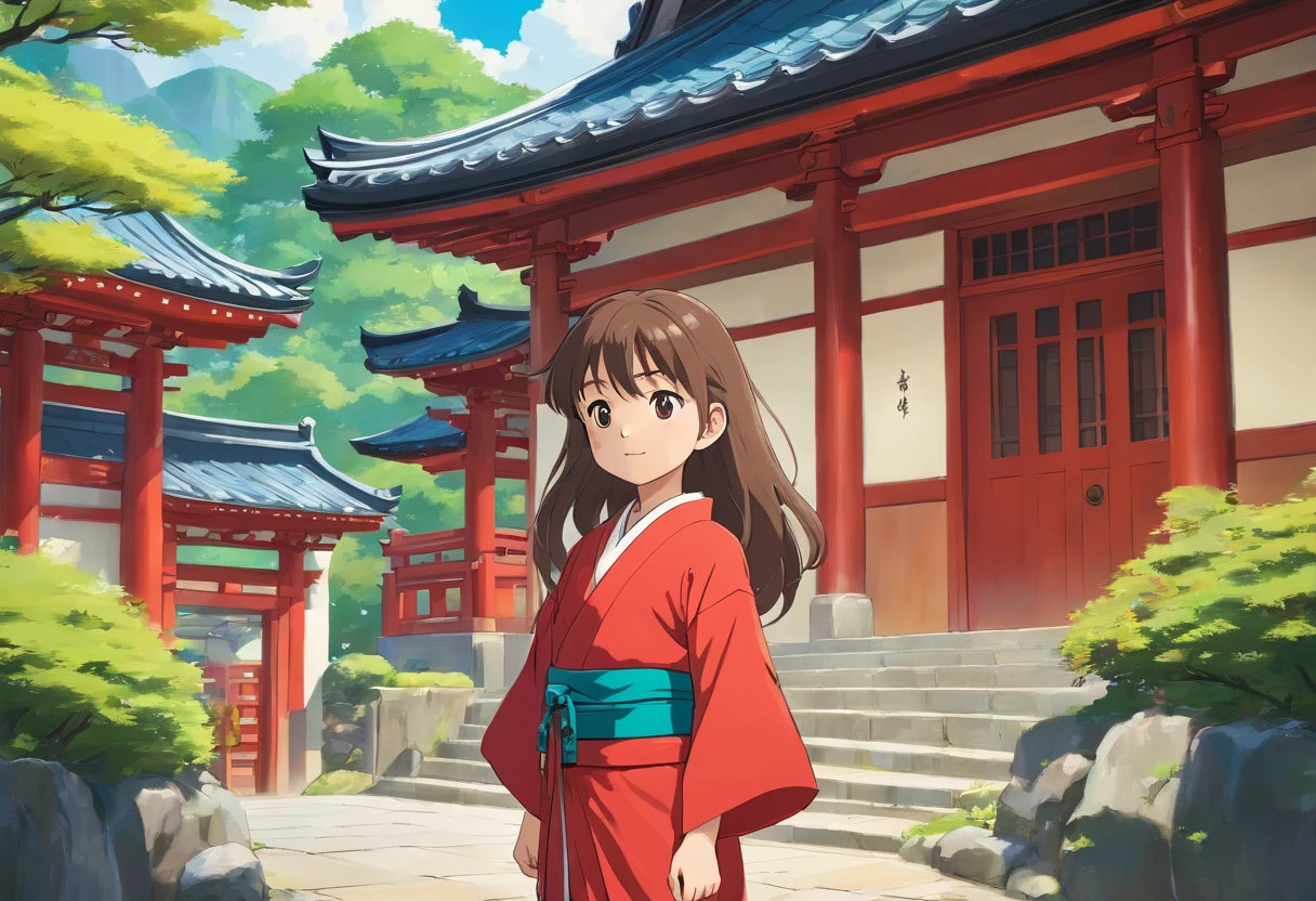 7 years old Japanese girl, Long hair, Front view, full bodyesbian, Set against a Japanese temple, com arvores, rios, A very beautiful sunny day. The little girl will be wearing a red kimono, shot from a far distance,full bodyesbian
