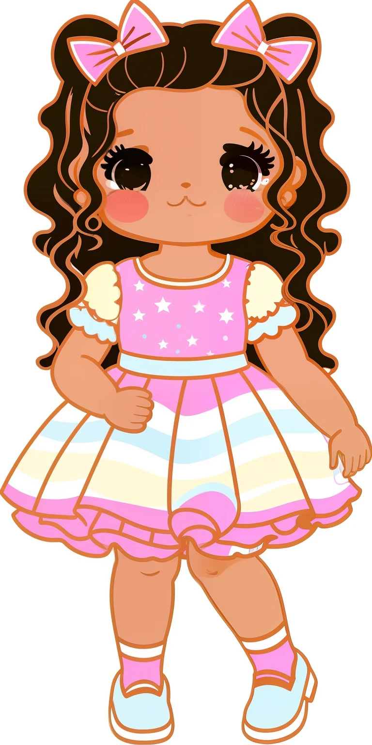 Cartoon girl in a dress with a bow and a dress, menina em um vestido, Menina afro-americana, Loli no vestido, doll in hand, boneca, plastic doll, Garotinha, boneca patchwork, boneca pocelain bonito, menina elegante afro-americana, menina kawaii bonito, Girl standing, menina com cabelo castanho, princesa menina, Clipart, !!retrato de corpo inteiro!!
