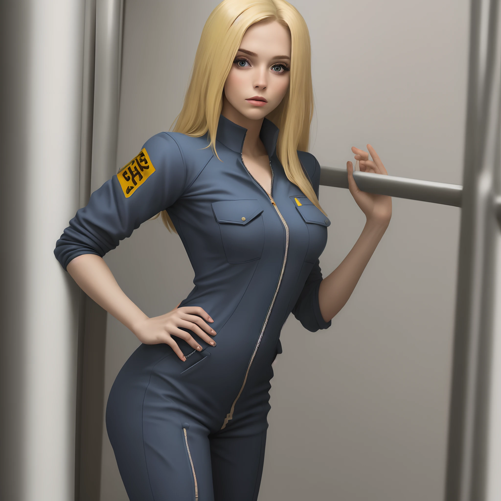 a blonde girl in a seductive jumpsuit while in jail