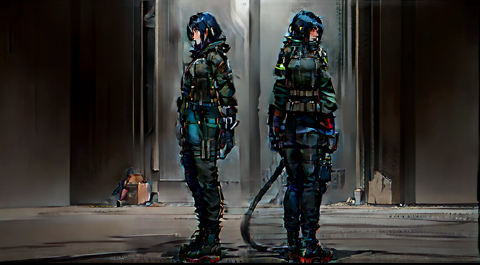 project of realistic ingame cyberpunk female assasin with flamethrower, nightvision, and electroshock gloves, jet boots