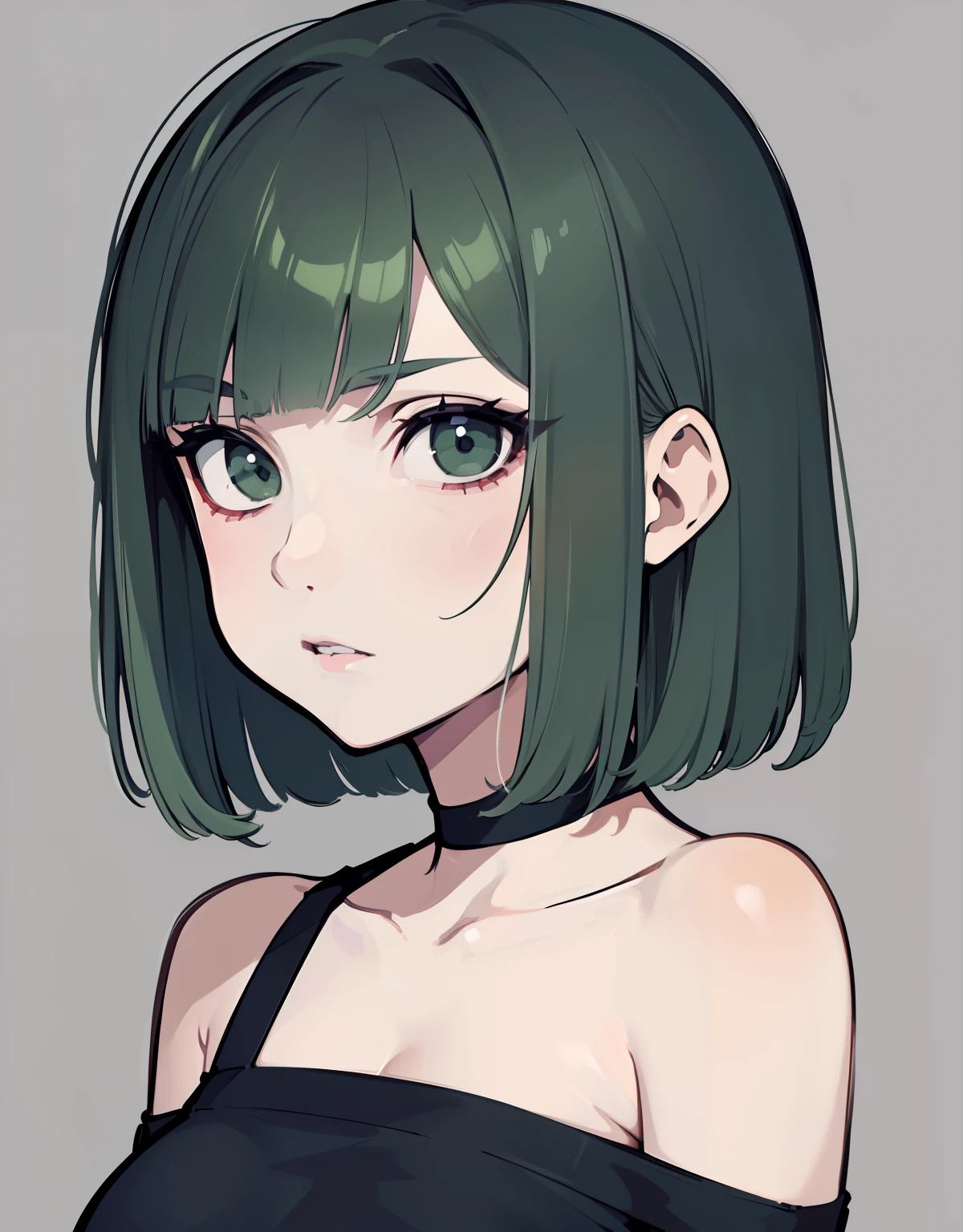 (masterpiece, best quality, absurdres), 1girl, dark green hair, short straight hair, blunt bangs, grey eyes, petals, pale skin, thick brows, simple drawing, portrait