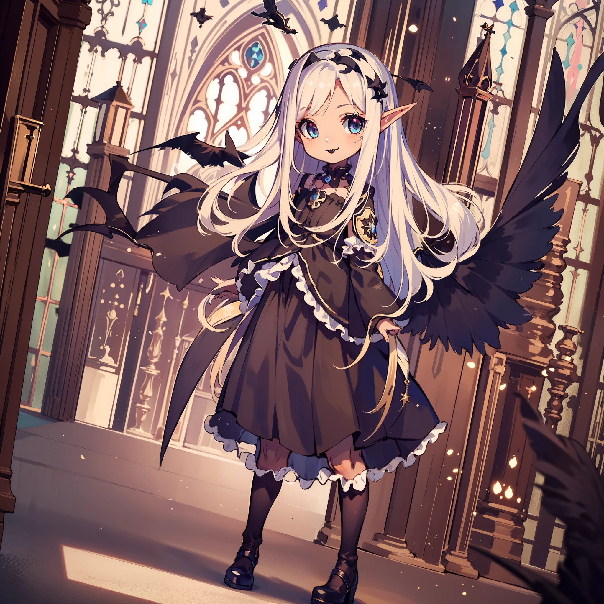 very cute female girl:1.5,(smile broadly:1.3),(Darkness:1.4),blue eyes,silver hair:1.3,(glay brown skin:1.7),elf ear:1.3, (raven wings:1.7),(dark elf:1.6),action:1.6,Gothic Lolita cloth:1.8,BREAK dutch angle shot,dynamic angle:1.6,ground-level shot,low angle,full body shot,medium shot,BREAK (Gothic room:1.8),Summer,day, Long hair,flat chest,Wind,BREAK (extremely detailed CG unity 8k portrait),(highly detailed fingers),(Masterpiece: 1.3),(ultra detailed face),(Exquisite Detail: 1.2),highly detail Eye,(Highest Quality:1.4), (Super-Resolution: 1.2),(super fine illustration), Eyelashes, Best Quality,super detailed skin,