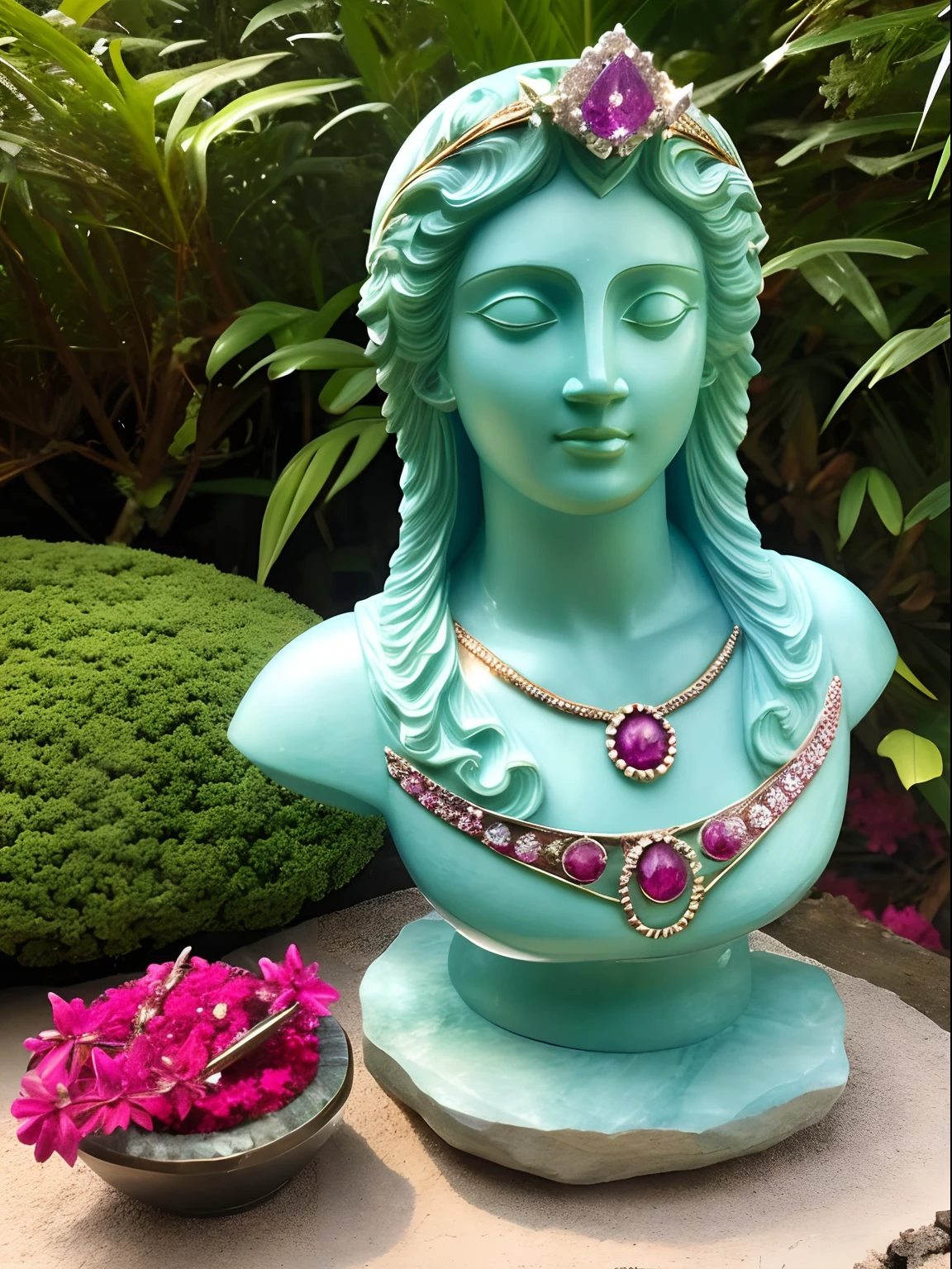 Escultura da Afrodite da mitologia feita em ouro esmeralda rubis, flores de pedras preciosas, sapphire and diamond sky --auto