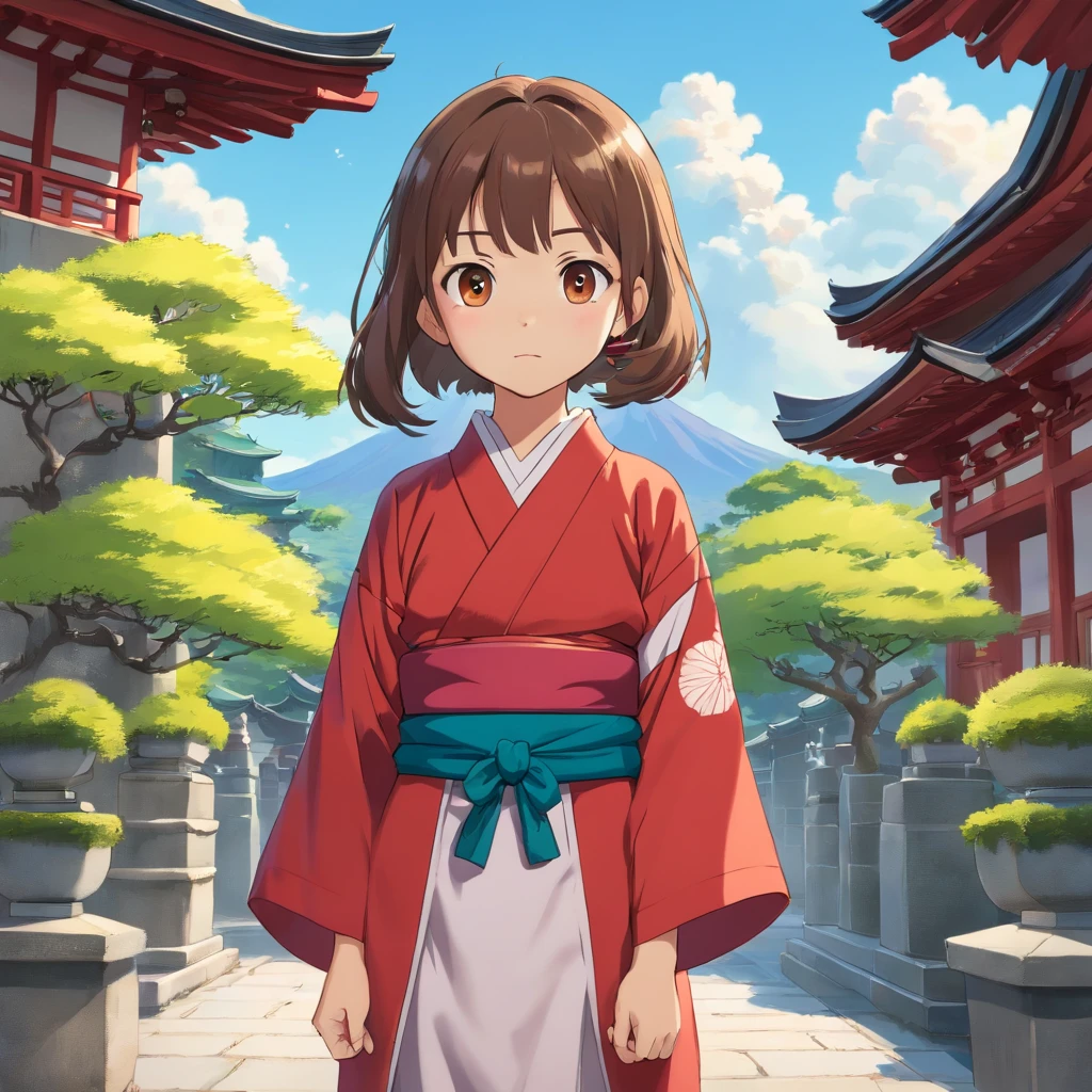 7 years old Japanese girl, Long hair, Front view, full bodyesbian, Set against a Japanese temple, com arvores, rios, A very beautiful sunny day. The little girl will be wearing a red kimono, shot from a far distance，full bodyesbian，Barefoot