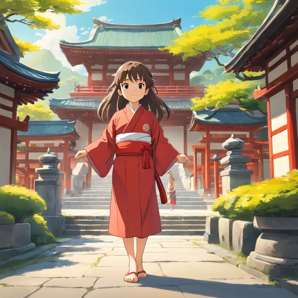 7  Japanese girl, Long hair, Front view, full bodyesbian, Set against a Japanese temple, com arvores, rios, A very beautiful sunny day. The little gil be wearing a red kimono, shot from a far distance，full bodyesbian，Barefoot