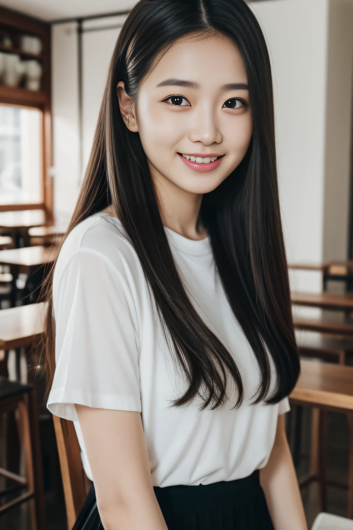 20 years girl、A dark-haired、t-shirt、cafe、a smile、Beautuful Women、((top-quality、8K、masterpiece:1.3))、foco nítido:1.2、An ultra-high picture quality、top-quality、masterpiece、natural soft light、The upper part of the body、