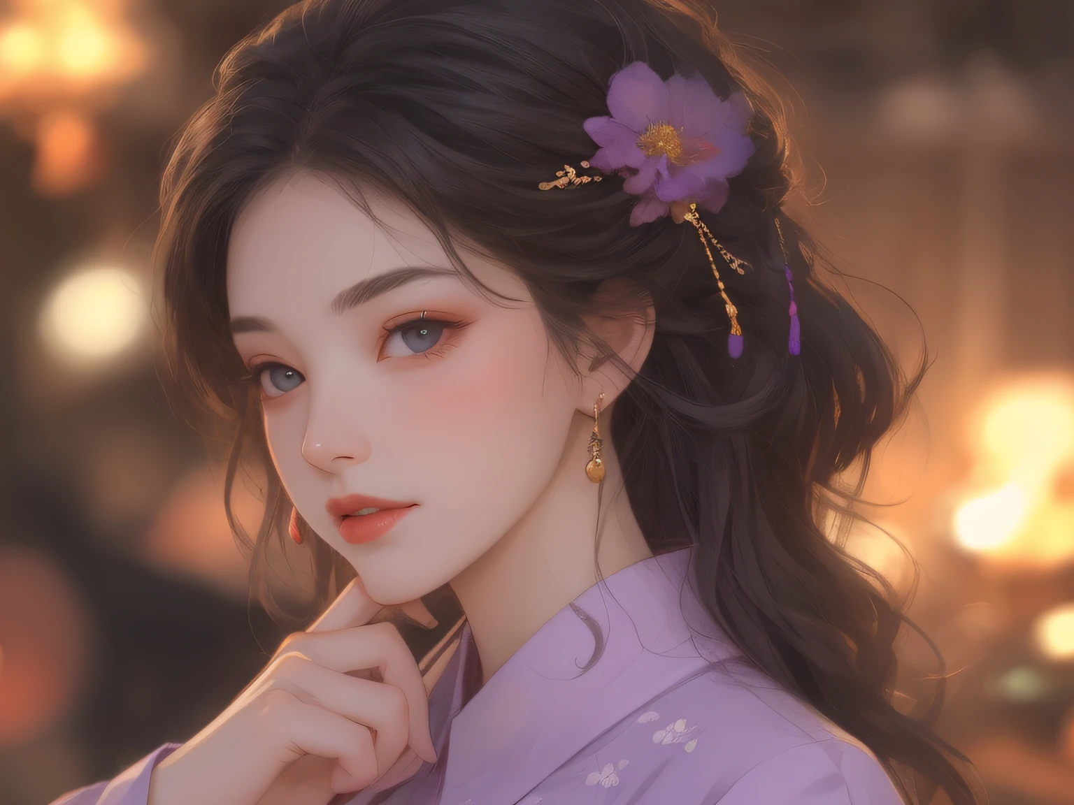 1 flat-chested girl,Close-up of upper body portrait,Black color hair,floated hair,Hazy beauty,Extremely beautiful facial features,Purple embroidered light gauze dress,with a hairpin on her head,Lying in the flowers,Perfect anatomy,White flowers,(springtime, Rainy days, terraced, mountain ranges), Simple vector art, Contemporary Chinese art, the soft light, Tangled scarf,Overlooking